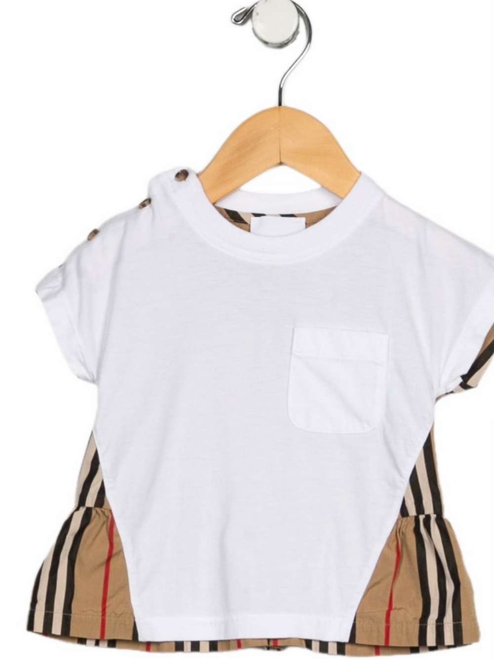 Burberry White Short Sleeve Tee with Signature Stripe Peplum